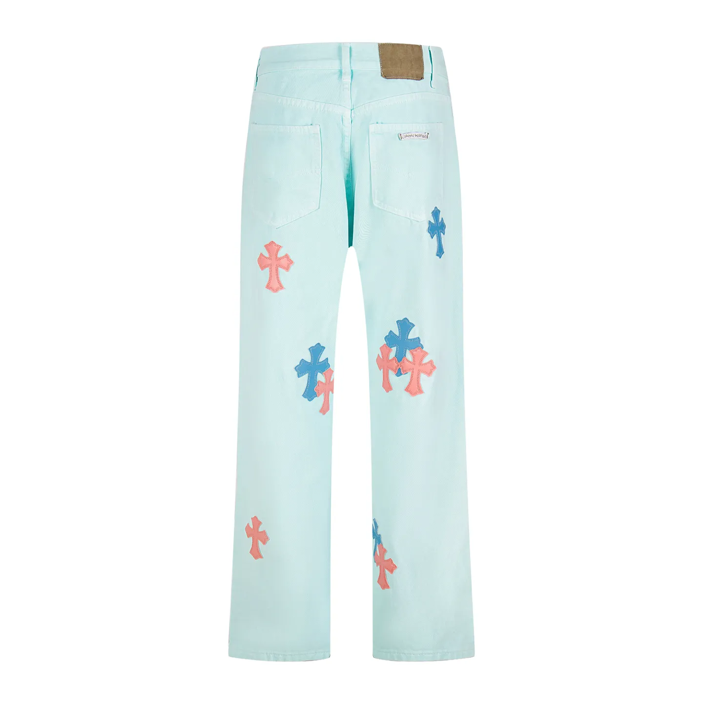 P240 (high version, running quantity) Chrome Hearts light blue blue pants, pink and blue patchwork leather couple's best friend jeans. CH jeans need to be washed and then disassembled and hand-ordered with sheepskin cross leather and then spliced ​​to complete. The whole piece has too many craftsmanship to describe. The patches are decorated with cross flowers, and the high-waisted washed jeans! ! Absolutely high-end luxury products, god-level single products and super popular products, made with top heavy industry, a must-see magic weapon. Customized hardware. The fabric is thick and soft after washing. It has good breathability. Customized small leather label. Unique design. The details are simple and elegant, and the workmanship is exquisite. The entire trousers are neatly routed and the details are in place! It’s so cool that both men and women can easily control the genderless trend! Style number: 1817# Color: Picture color Size: 28 30 32 34 36